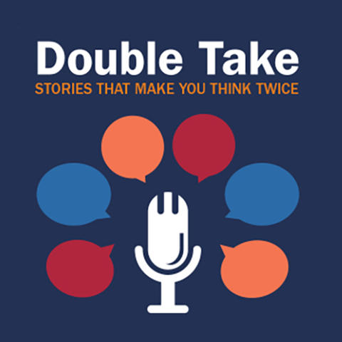 Double Take logo microphone with talk bubbles around it